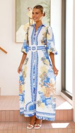 Blue/White Print Balloon-Sleeve Buttoned Maxi Dress