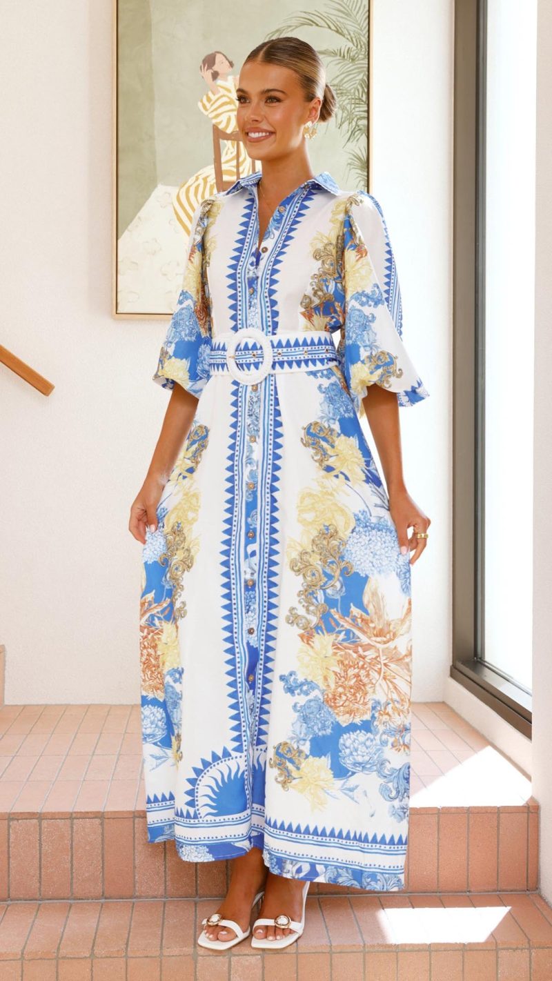 Blue/White Print Balloon-Sleeve Buttoned Maxi Dress