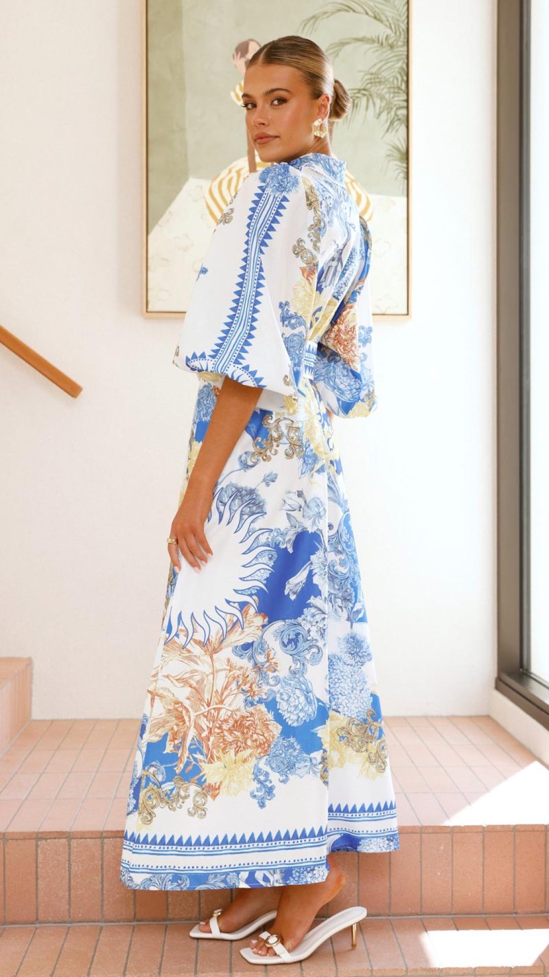 Blue/White Print Balloon-Sleeve Buttoned Maxi Dress