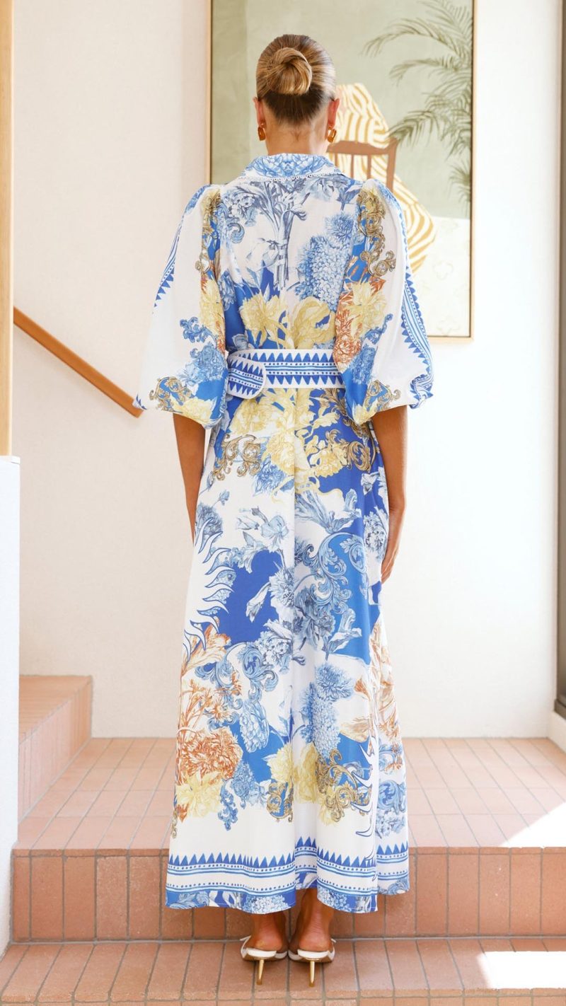 Blue/White Print Balloon-Sleeve Buttoned Maxi Dress