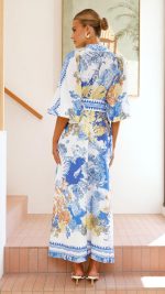 Blue/White Print Balloon-Sleeve Buttoned Maxi Dress