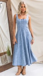 Blue Paneled Denim Fit-and-Flare Maxi Dress