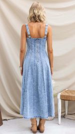 Blue Paneled Denim Fit-and-Flare Maxi Dress