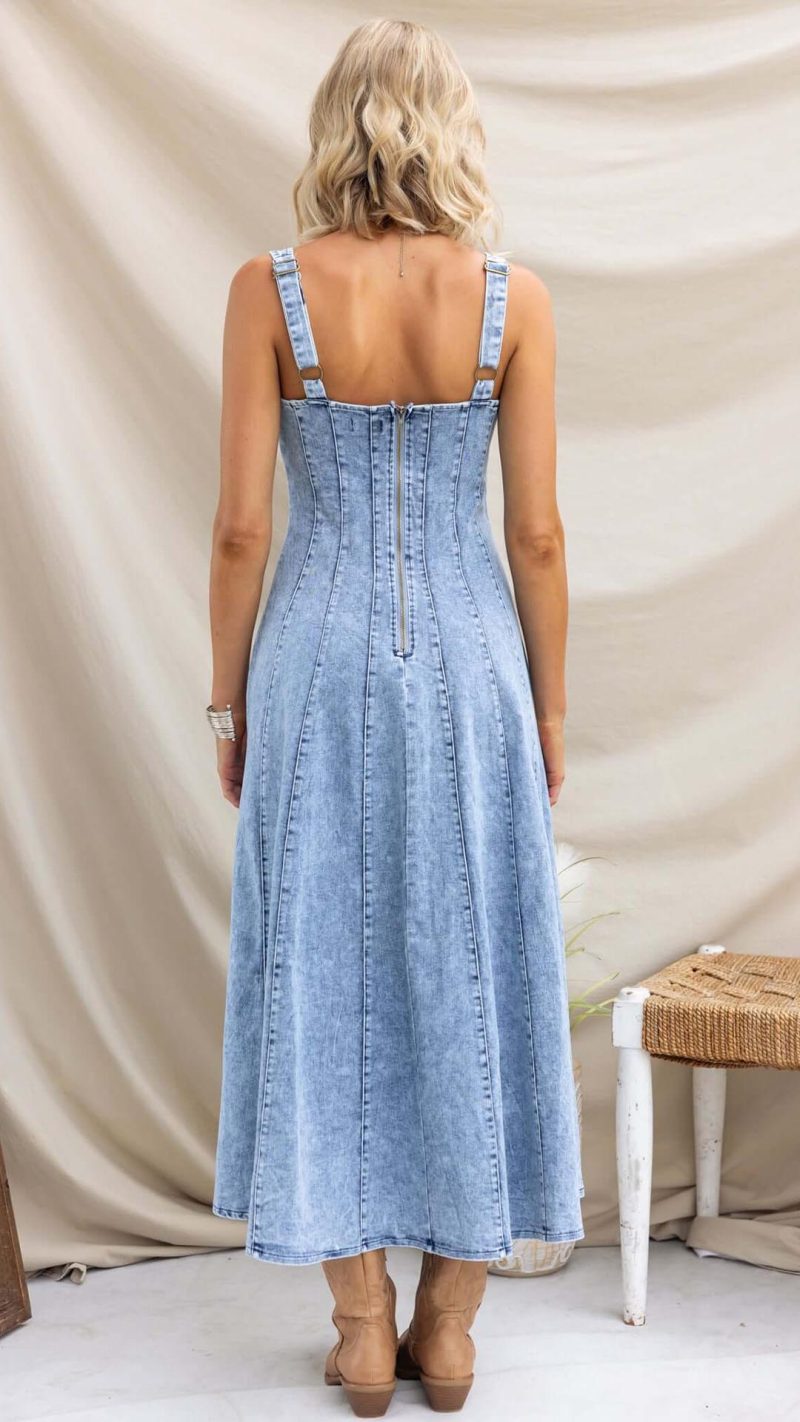 Blue Paneled Denim Fit-and-Flare Maxi Dress