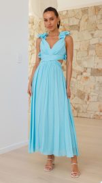 Blue Ruffle-Strap Lace-Up Cutout V-Neck Maxi Dress