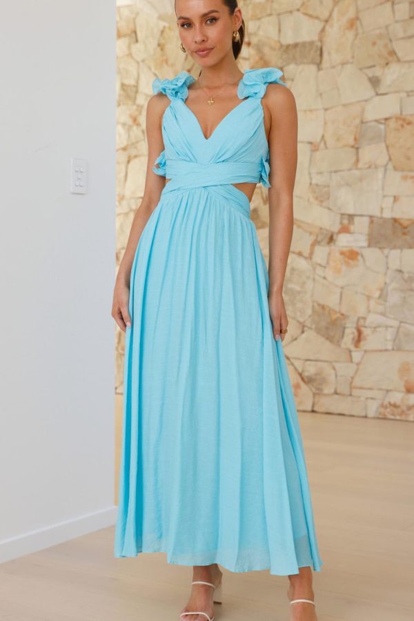 Blue Ruffle-Strap Lace-Up Cutout V-Neck Maxi Dress