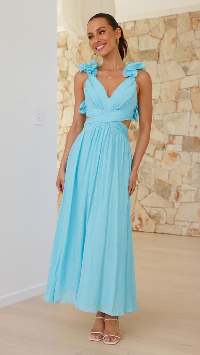 Blue Ruffle-Strap Lace-Up Cutout V-Neck Maxi Dress