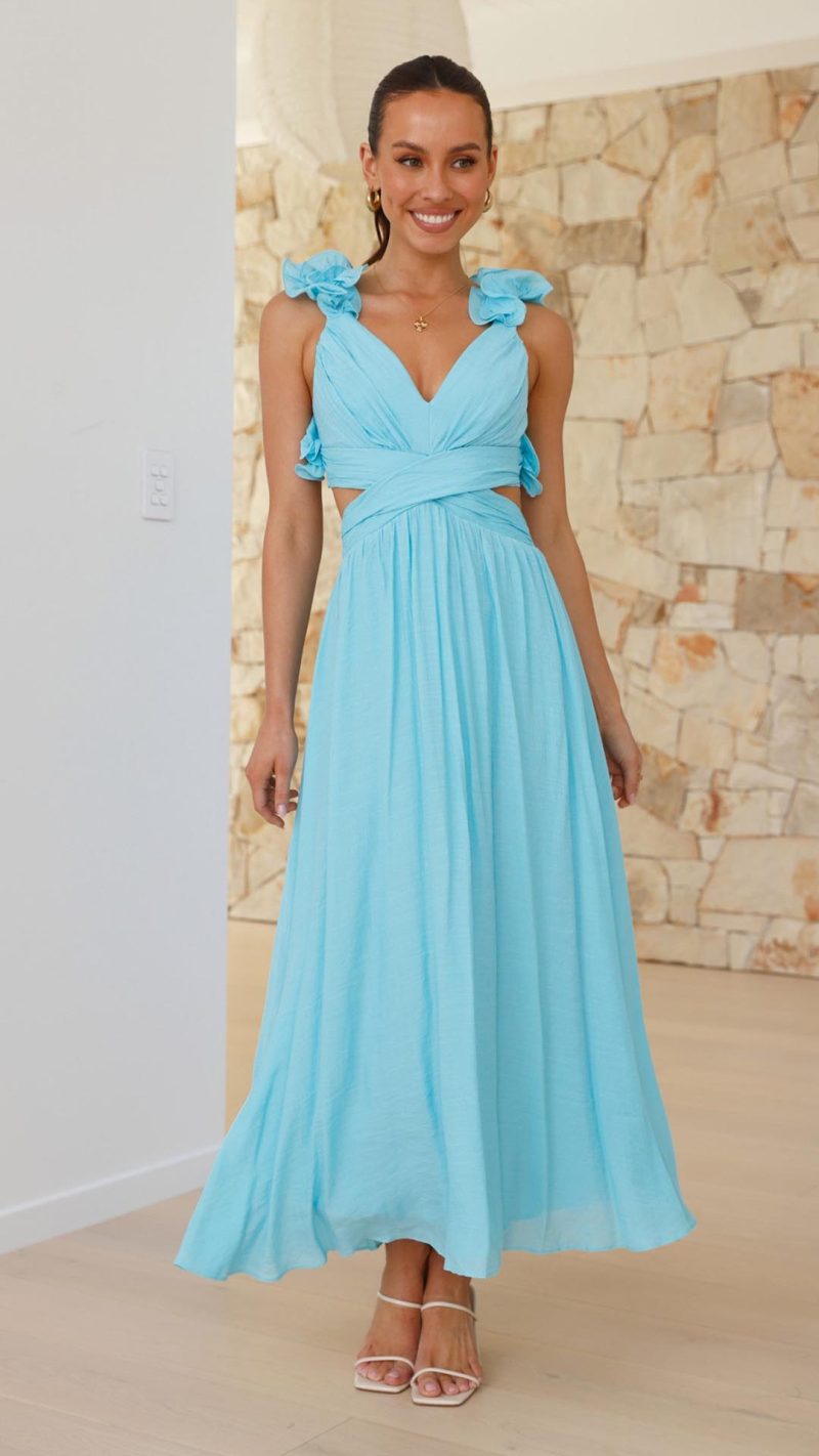 Blue Ruffle-Strap Lace-Up Cutout V-Neck Maxi Dress