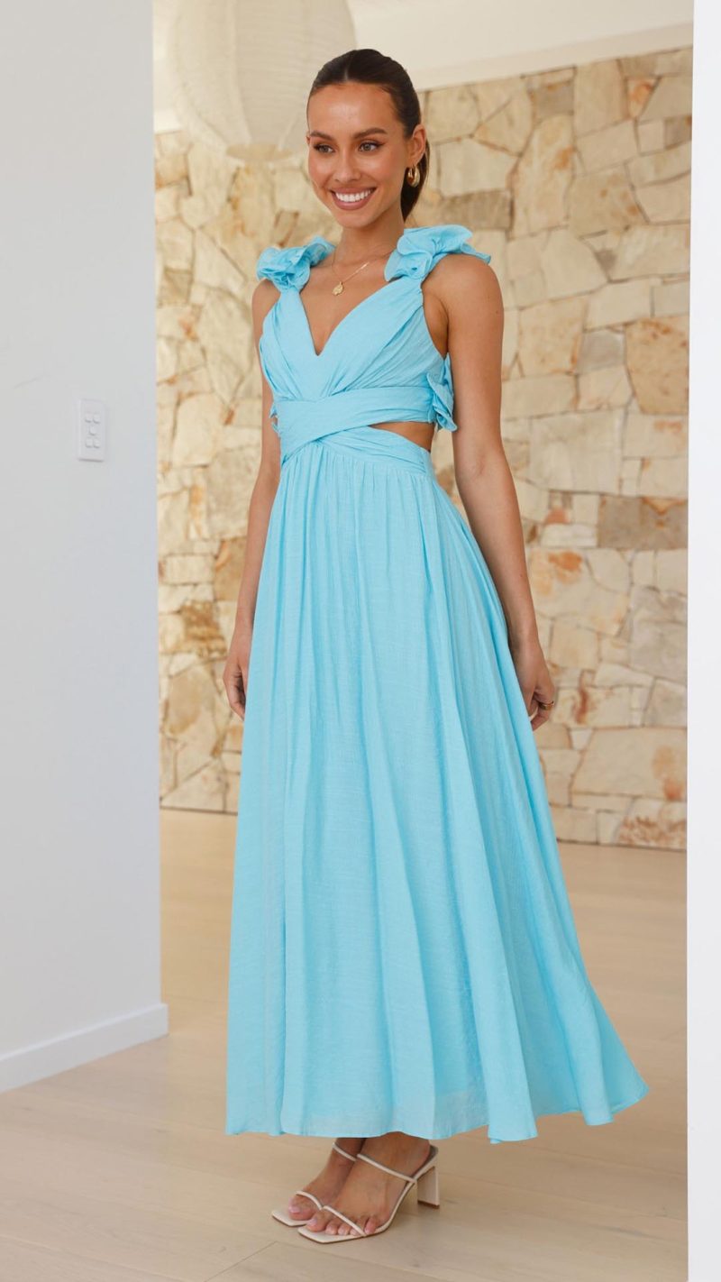 Blue Ruffle-Strap Lace-Up Cutout V-Neck Maxi Dress