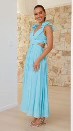 Blue Ruffle-Strap Lace-Up Cutout V-Neck Maxi Dress