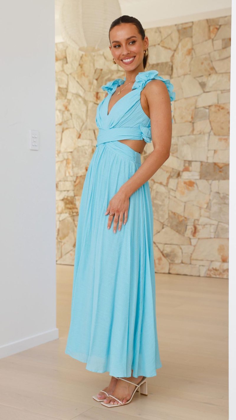Blue Ruffle-Strap Lace-Up Cutout V-Neck Maxi Dress