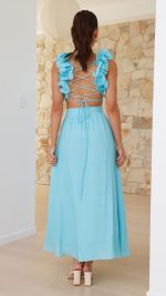 Blue Ruffle-Strap Lace-Up Cutout V-Neck Maxi Dress