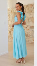Blue Ruffle-Strap Lace-Up Cutout V-Neck Maxi Dress