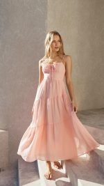 Pink Tie-Front Cutout Tiered Maxi Dress