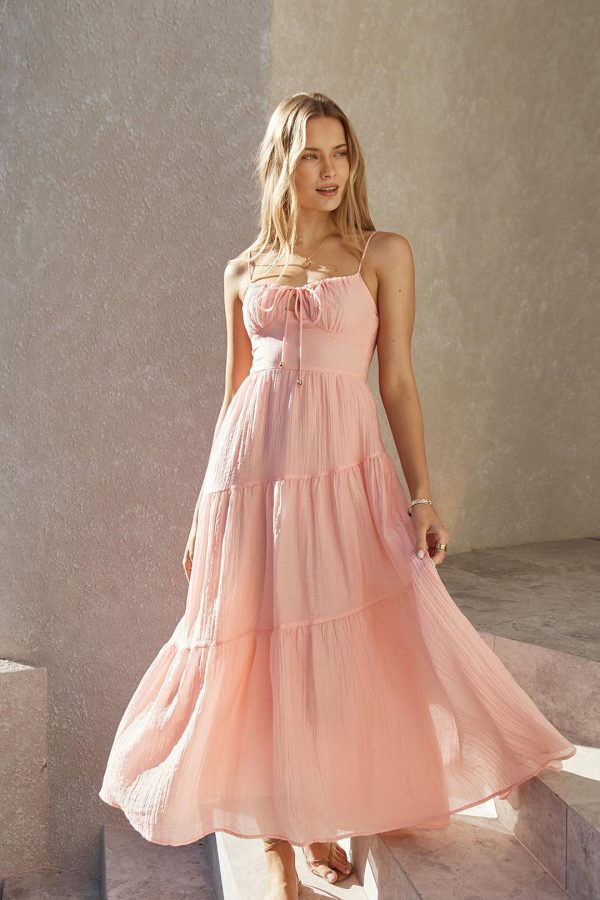 Pink Tie-Front Cutout Tiered Maxi Dress