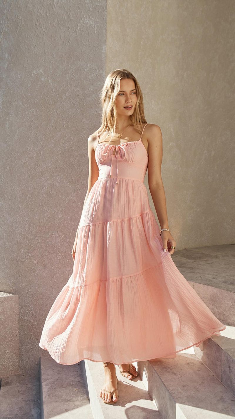 TH-02966-1 Pink Tie-Front Cutout Tiered Maxi Dress