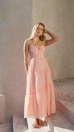 Pink Tie-Front Cutout Tiered Maxi Dress