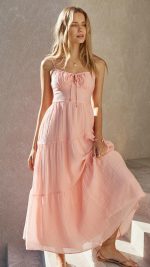 Pink Tie-Front Cutout Tiered Maxi Dress