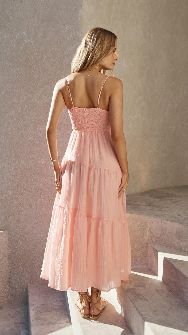 Pink Tie-Front Cutout Tiered Maxi Dress