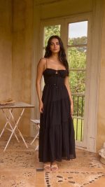 Black Tie-Front Cutout Tiered Maxi Dress