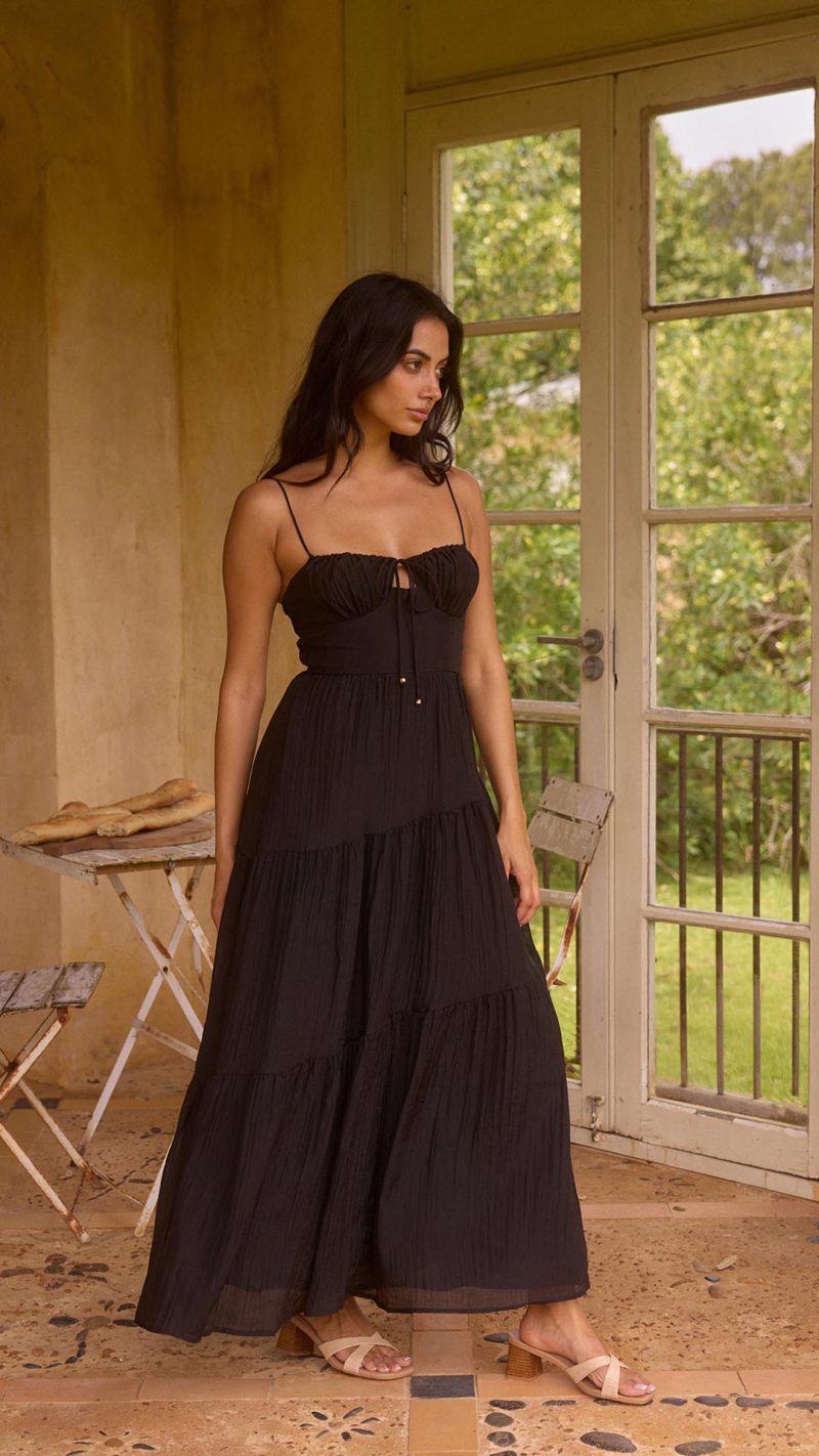Black Tie-Front Cutout Tiered Maxi Dress