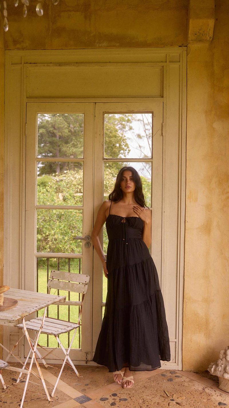 Black Tie-Front Cutout Tiered Maxi Dress