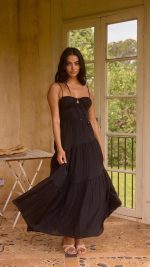 Black Tie-Front Cutout Tiered Maxi Dress