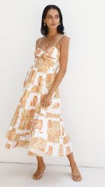 Orange Twist-Front Cutout Botanical Midi Dress