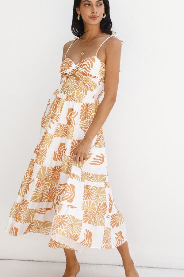 Orange Twist-Front Cutout Botanical Midi Dress