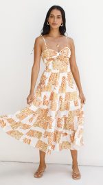 Orange Twist-Front Cutout Botanical Midi Dress