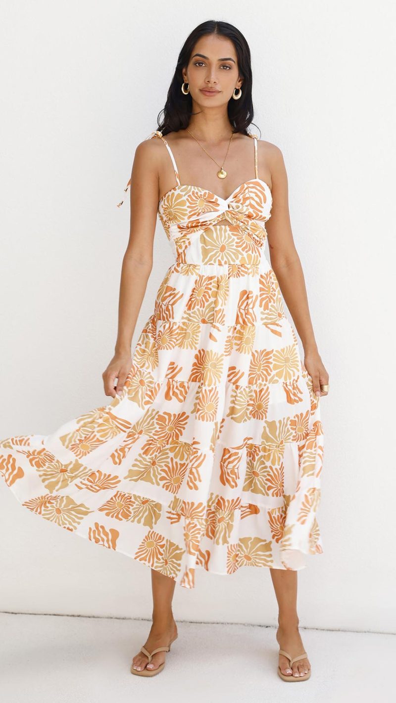 Orange Twist-Front Cutout Botanical Midi Dress