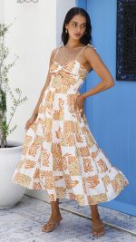 Orange Twist-Front Cutout Botanical Midi Dress