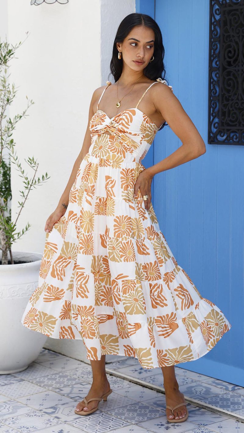 Orange Twist-Front Cutout Botanical Midi Dress