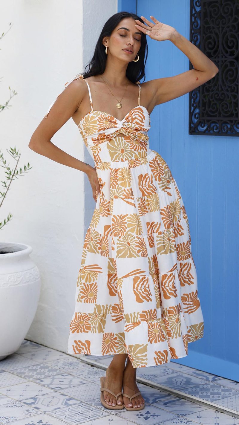Orange Twist-Front Cutout Botanical Midi Dress