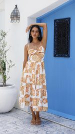 Orange Twist-Front Cutout Botanical Midi Dress