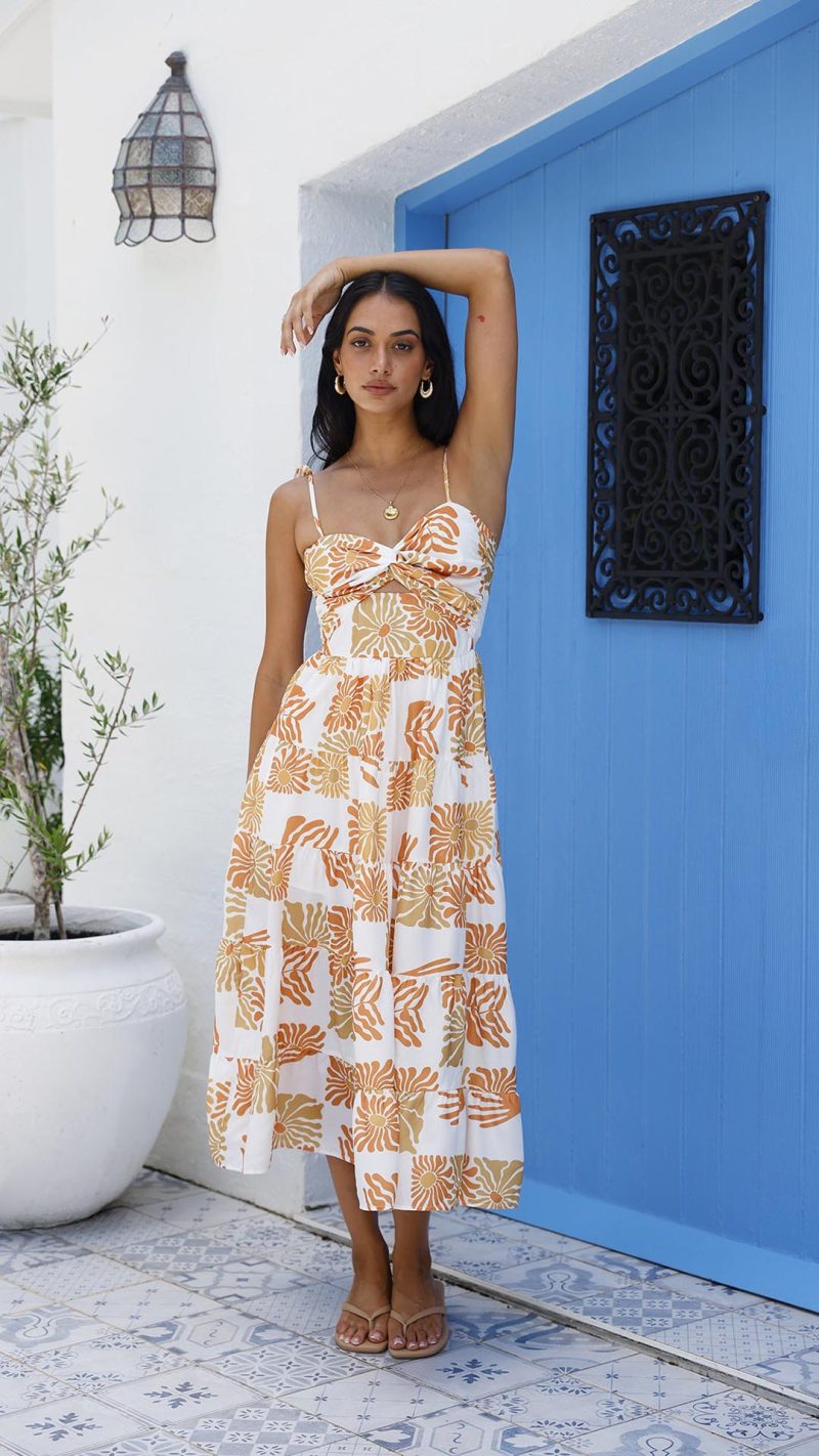 Orange Twist-Front Cutout Botanical Midi Dress