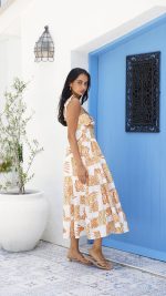 Orange Twist-Front Cutout Botanical Midi Dress