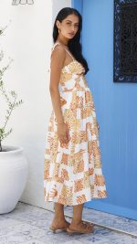 Orange Twist-Front Cutout Botanical Midi Dress