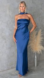 Navy Satin Scarf-Neck Folded-Bust Maxi Dress