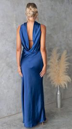 Navy Satin Scarf-Neck Folded-Bust Maxi Dress
