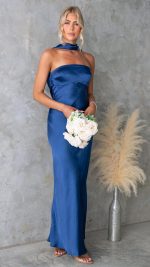 Navy Satin Scarf-Neck Folded-Bust Maxi Dress