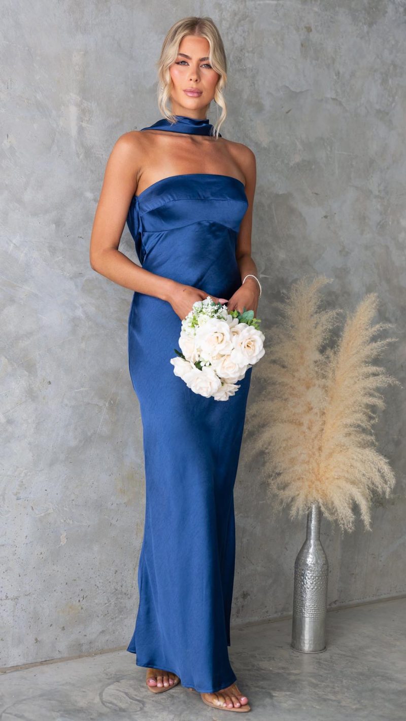 Navy Satin Scarf-Neck Folded-Bust Maxi Dress