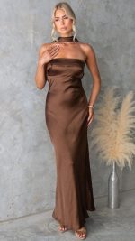 Chocolate Satin Scarf-Neck Folded-Bust Maxi Dress