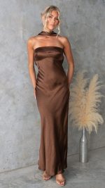 Chocolate Satin Scarf-Neck Folded-Bust Maxi Dress