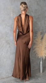 Chocolate Satin Scarf-Neck Folded-Bust Maxi Dress