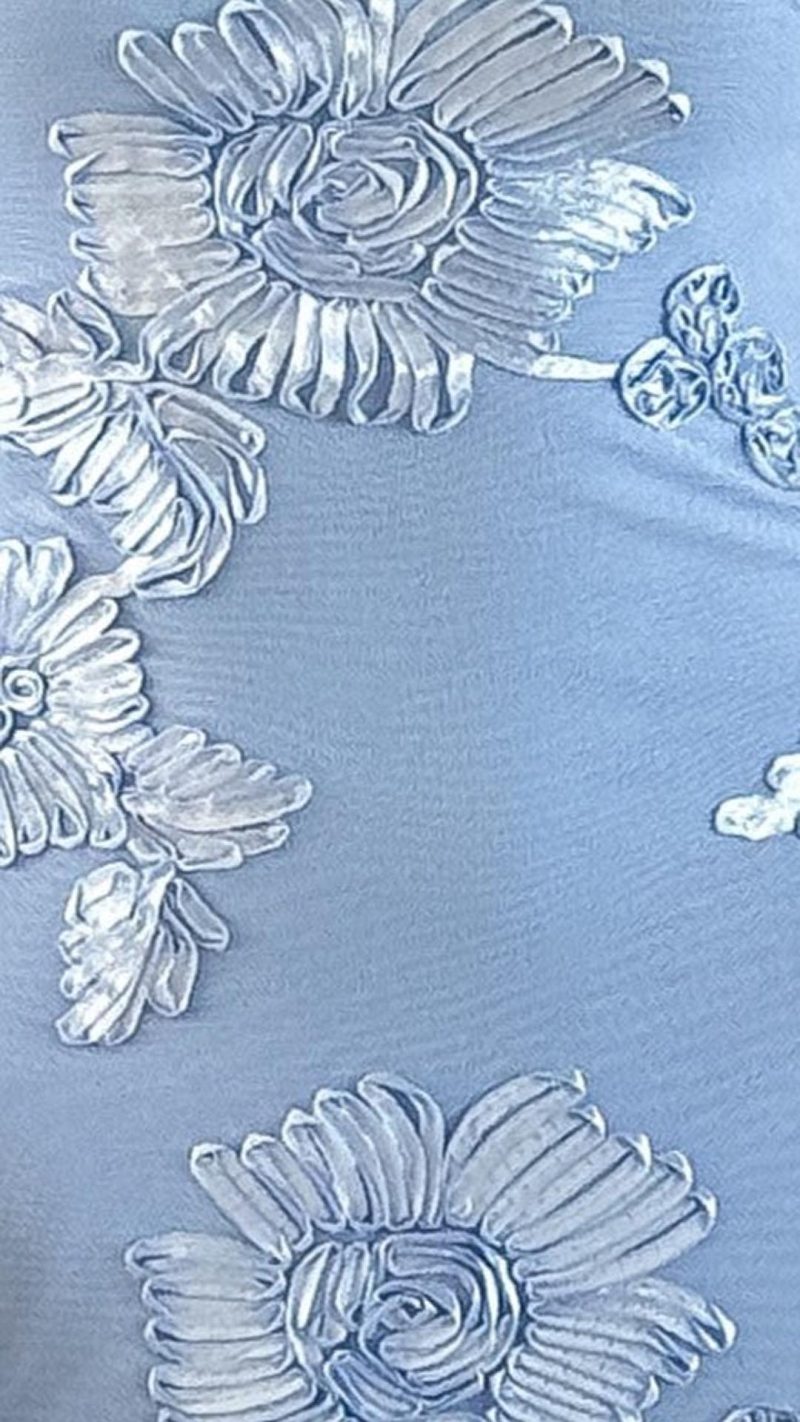 Blue Floral Appliqué Trailing Scarf Sheer Maxi Dress