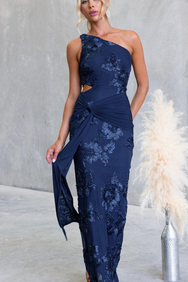 Navy Raised Floral Embroidered Twist Cut-Out Maxi Dress