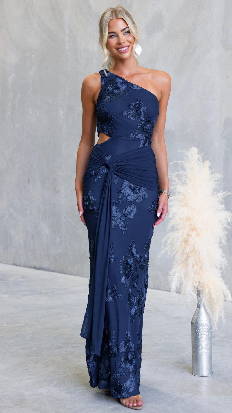 Navy Raised Floral Embroidered Twist Cut-Out Maxi Dress