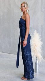 Navy Raised Floral Embroidered Twist Cut-Out Maxi Dress
