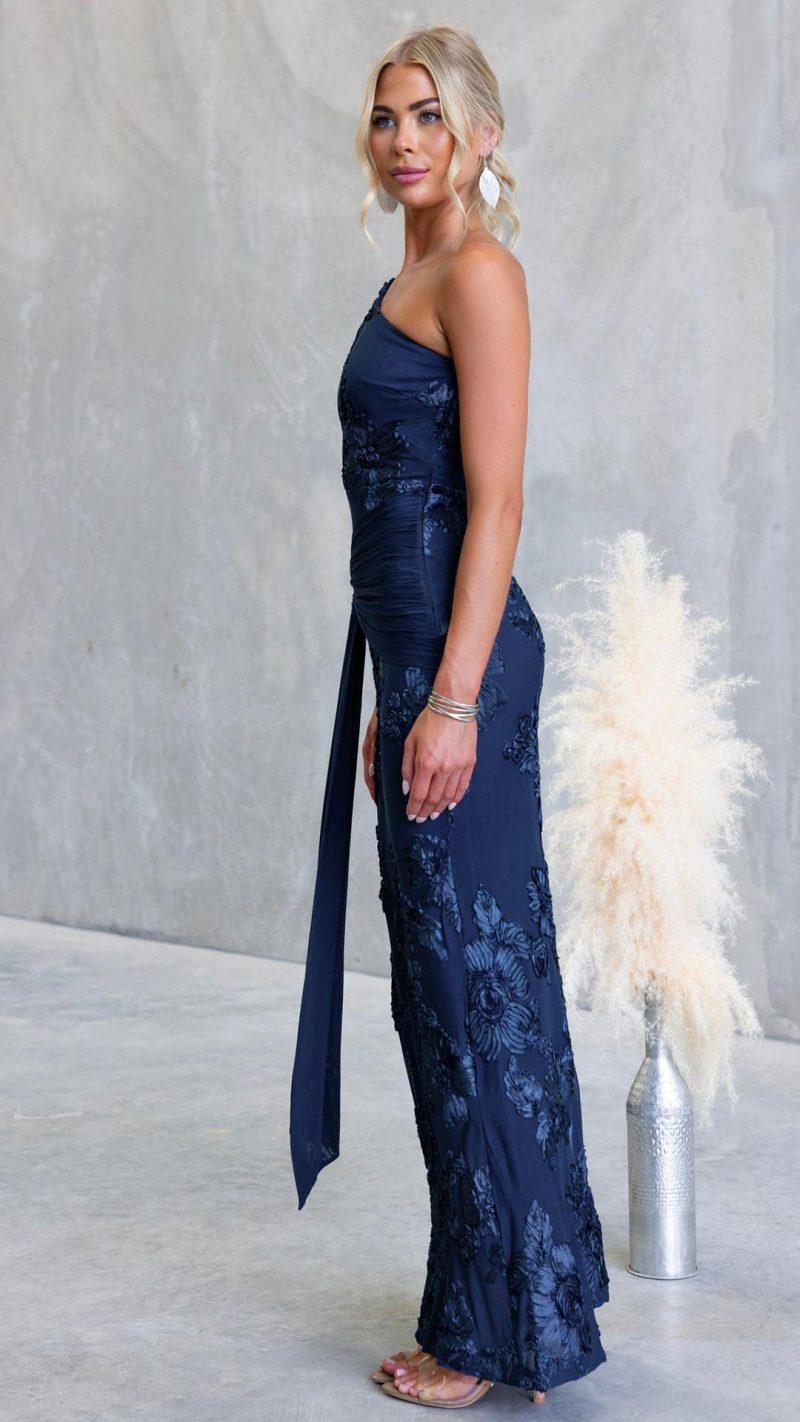 Navy Raised Floral Embroidered Twist Cut-Out Maxi Dress